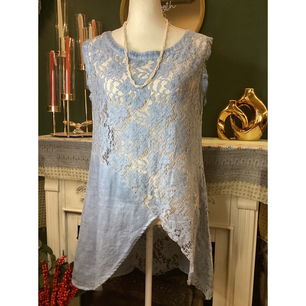 Vintage Concept Blue‎ Ramie Lace Tunic Top Sleeveless High Low Hem Womens Medium